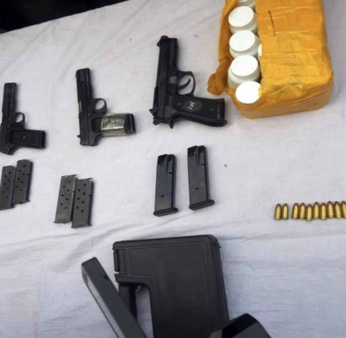 6 pistols, IED making material found in Samba