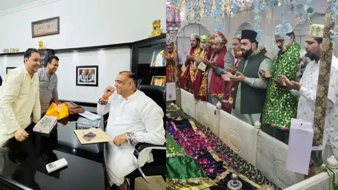 On getting extension of service to Anjaneya Kumar Singh's deputation, Fashat Ali Khan Shanu congratulated MLA Akash Saxena by feeding him sweets and offered chaadar at the tomb