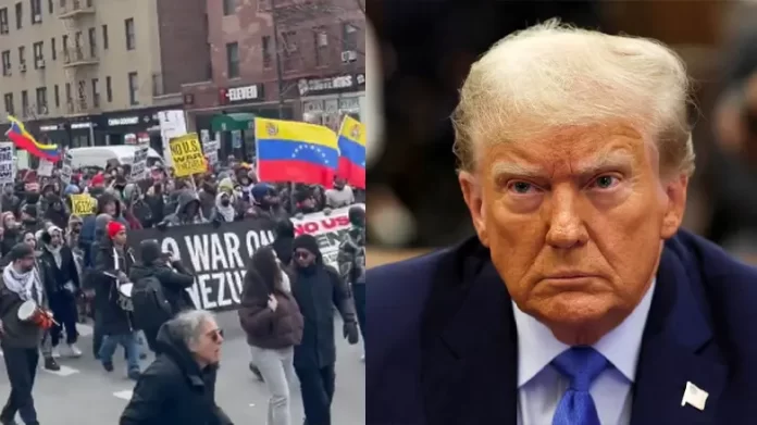 Protests in Washington against the US stance on Venezuela, demanding Trump's arrest.